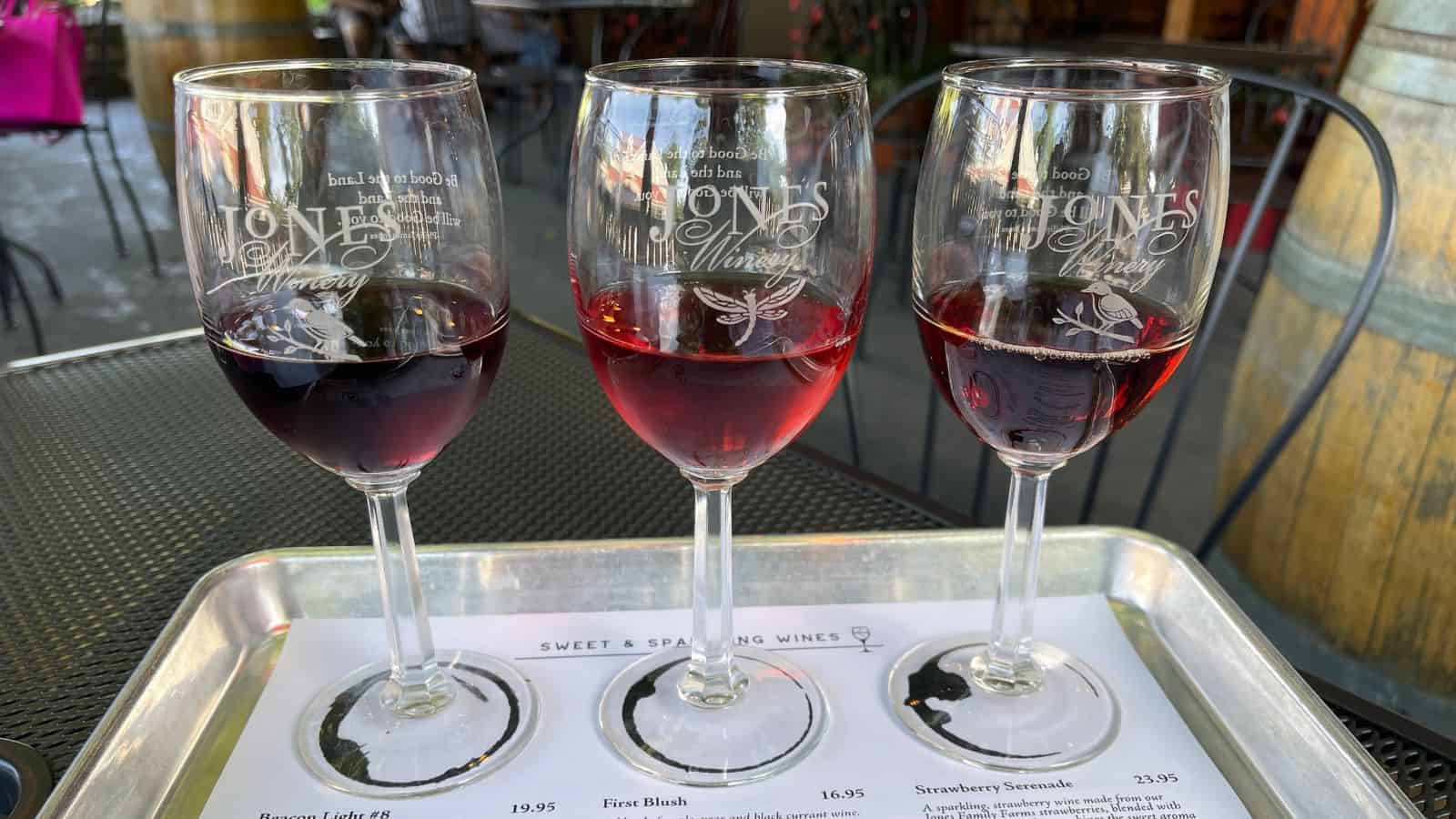 Three glasses of red and rosé wine are arranged in a row on a metal tray, placed on a table with a printed wine tasting menu underneath.