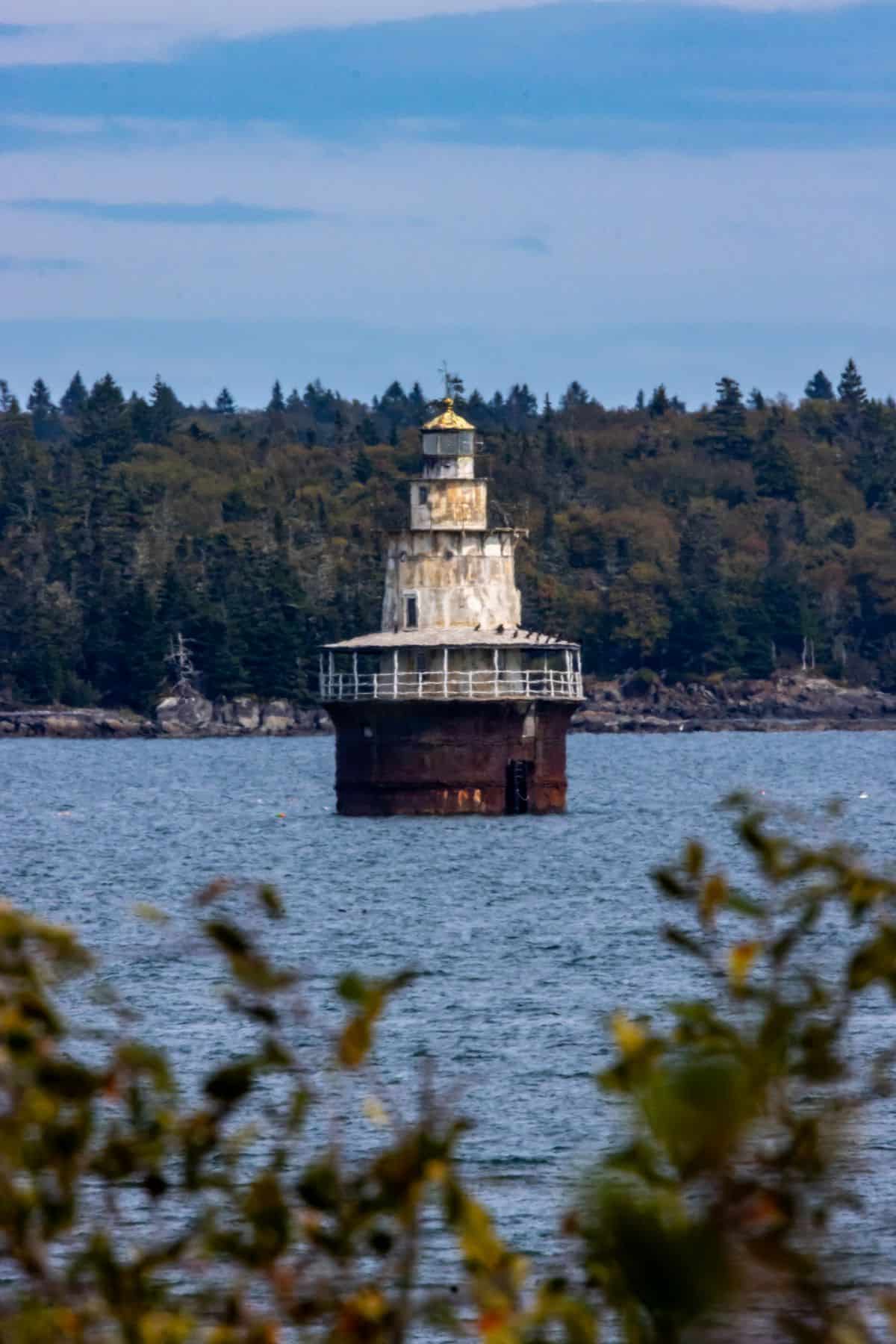 A weathered lighthouse stands on a cylindrical base in the water, with a forested shoreline in the background and some foliage in the foreground.