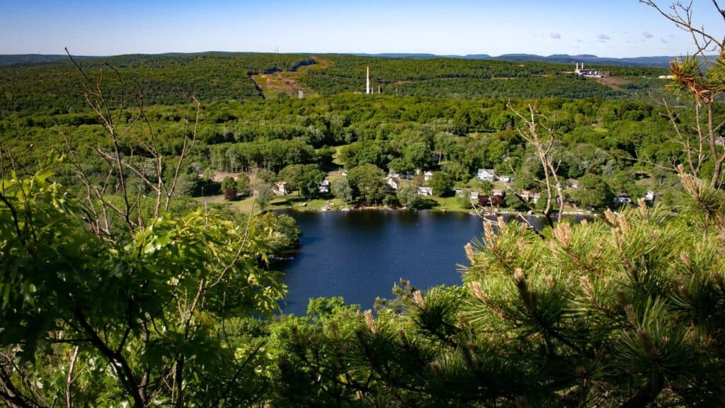 Aerial view of a small lake surrounded by houses, dense green trees, and hills under a clear blue sky.
