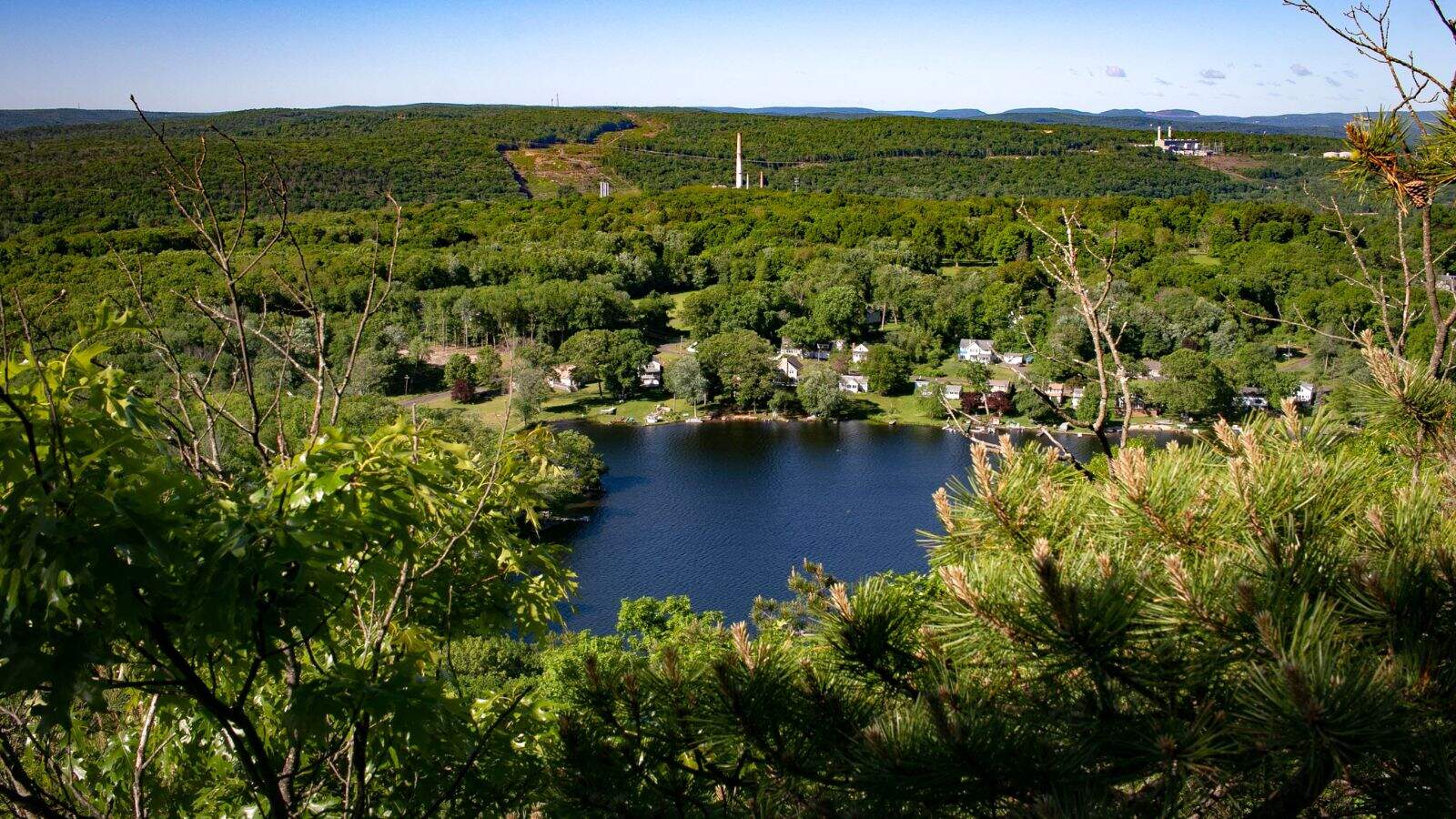 Aerial view of a small lake surrounded by houses, dense green trees, and hills under a clear blue sky.