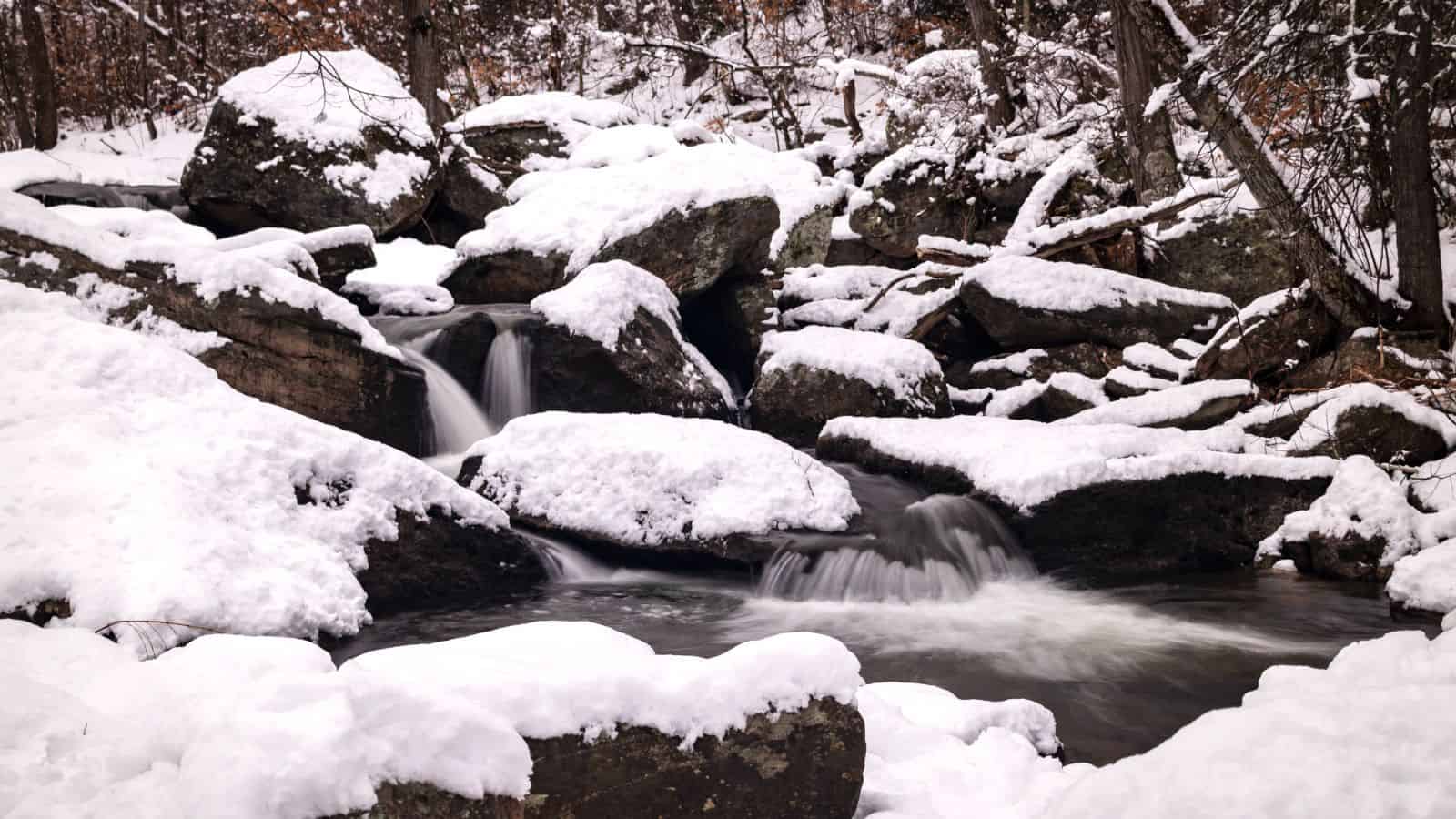 A small stream flows over rocks covered in snow in a forested area during winter.