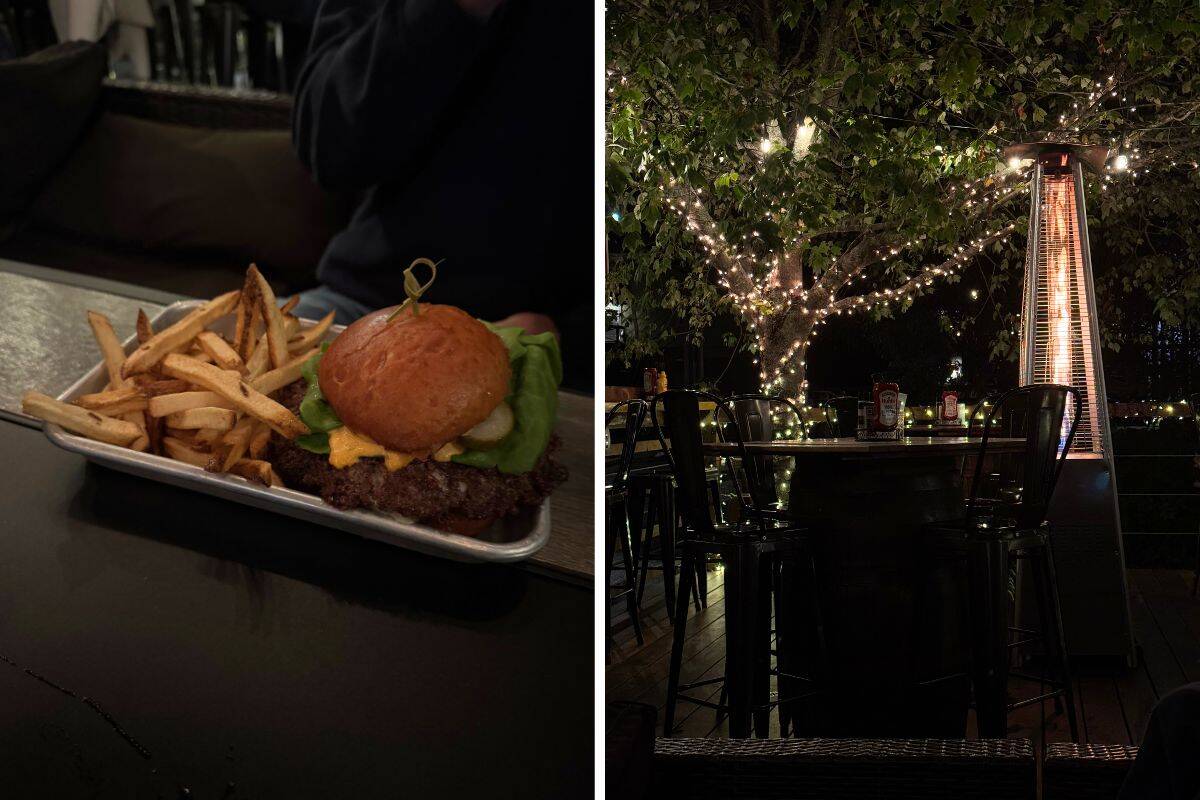 Left: A tray with a cheeseburger and fries on a table. Right: Outdoor dining area with string lights on a tree and a tall heater, featuring empty tables and chairs at night.