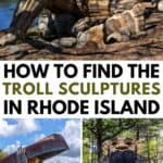 Three large wooden troll sculptures are displayed outdoors in natural park settings, surrounded by trees and water.