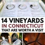 A metal tray with three glasses of red wine, a wine tasting menu, a champagne bucket with bottles, a modern tasting room, and the text "14 vineyards in Connecticut that are worth a visit.