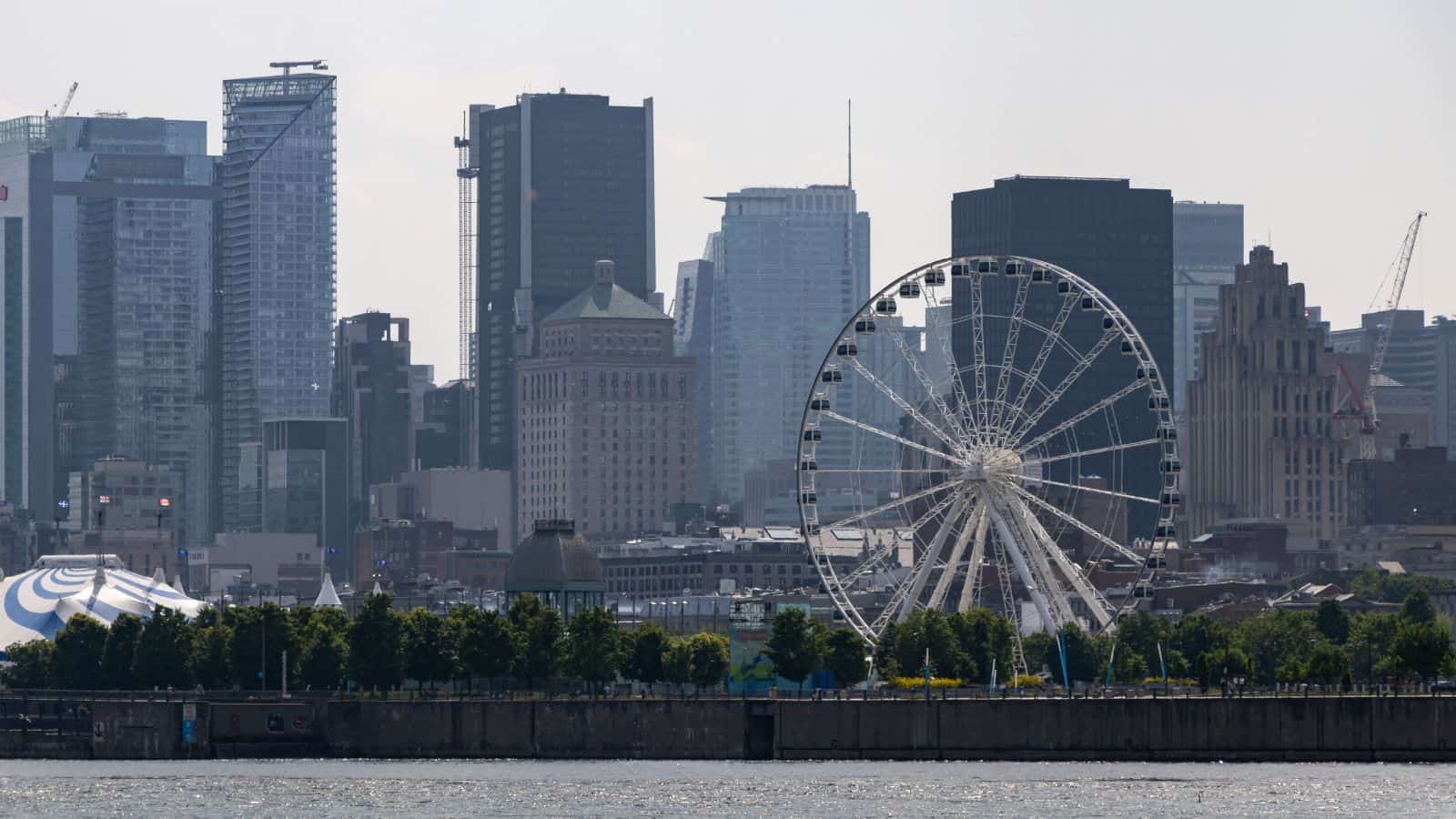 A large Ferris wheel stands near the waterfront with modern skyscrapers and older buildings in the city skyline behind it.