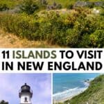 A coastal New England village, a historic lighthouse, and a person descending wooden steps toward the beach with the text “11 Islands to Visit in New England.”.