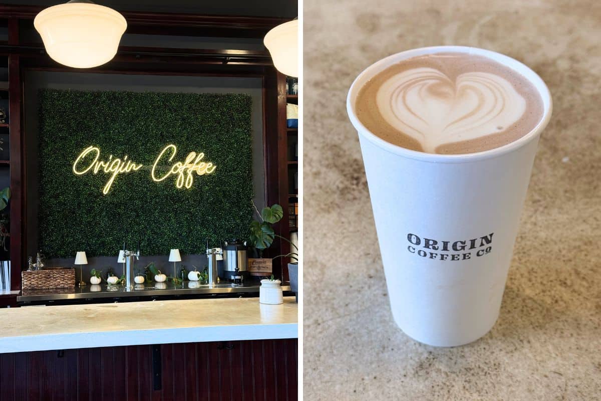 Left: A coffee bar with a neon "Origin Coffee" sign on a green wall in Saranac Lake. Right: A cup of coffee with latte art in a white Origin Coffee Co. cup on the countertop.
