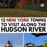 Collage featuring a Victorian mansion, a lighthouse on the water, and another historic house, with text highlighting charming towns to visit along the Hudson River.