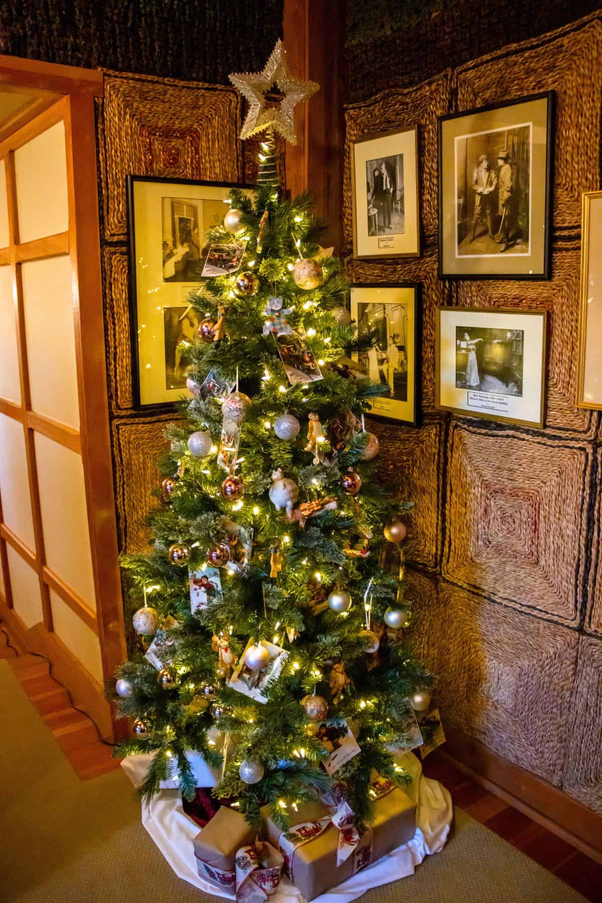 A decorated Christmas tree with ornaments, lights, and a star topper stands in a corner next to framed photos on the wall and presents wrapped in gold paper underneath.