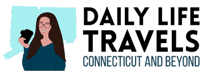 Illustration of a woman holding a camera in front of a Connecticut state outline, next to the text “DAILY LIFE TRAVELS CONNECTICUT AND BEYOND.”.