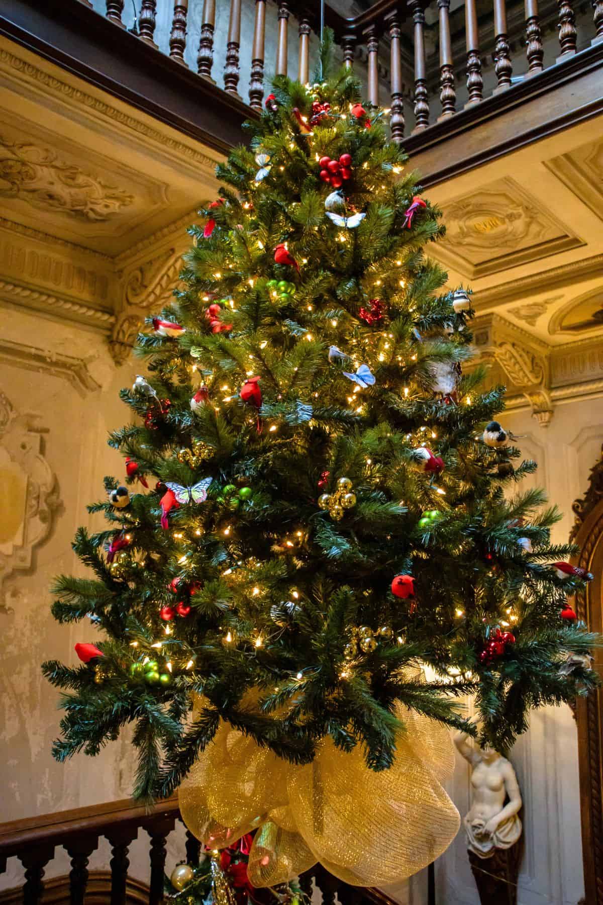 A decorated Christmas tree with lights, ornaments, and gold ribbon stands indoors near a staircase with ornate railings and a statue in the background.