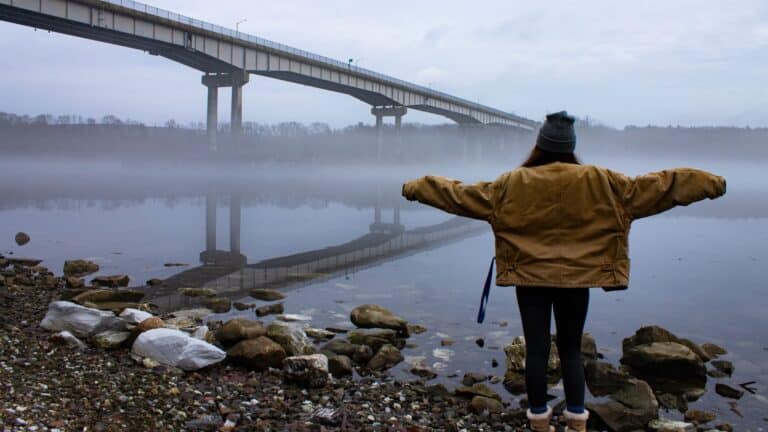 Person in a brown jacket stands on a rocky shore with arms outstretched, facing a foggy river and a bridge extending across the water.