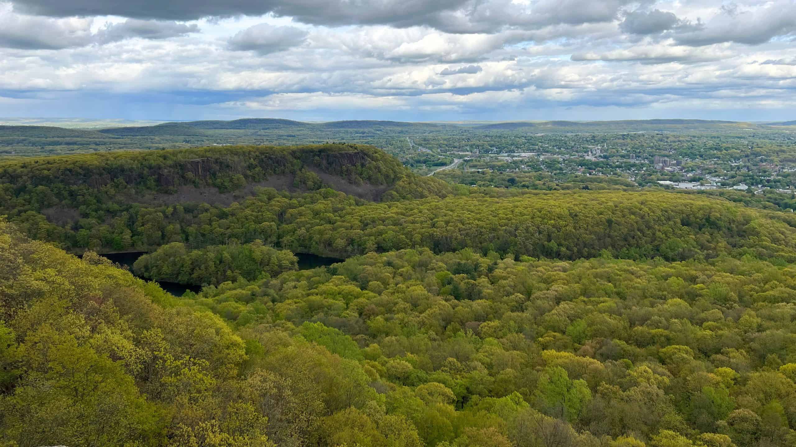 A wide view of a green, tree-covered valley with a rocky ridge in the center and a town visible in the distance under a cloudy sky.