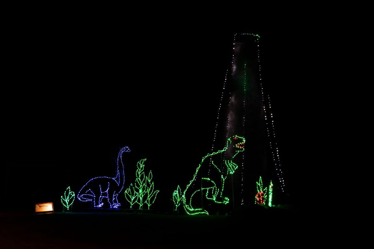 Colorful light displays depict two dinosaurs, a volcano, and plants against a black background.