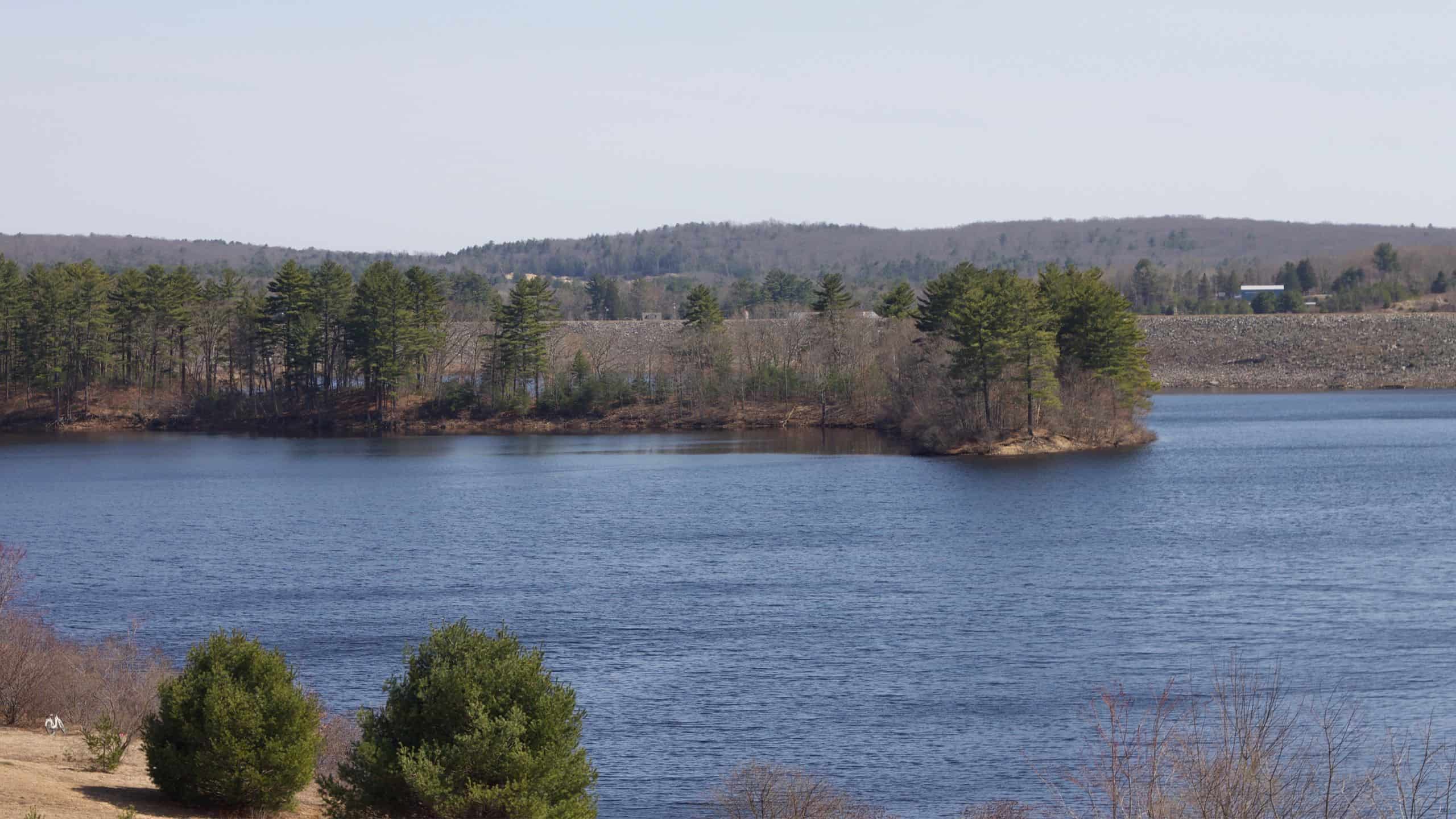 A calm blue lake with a small tree-covered island in the middle, surrounded by forested hills under a clear sky.
