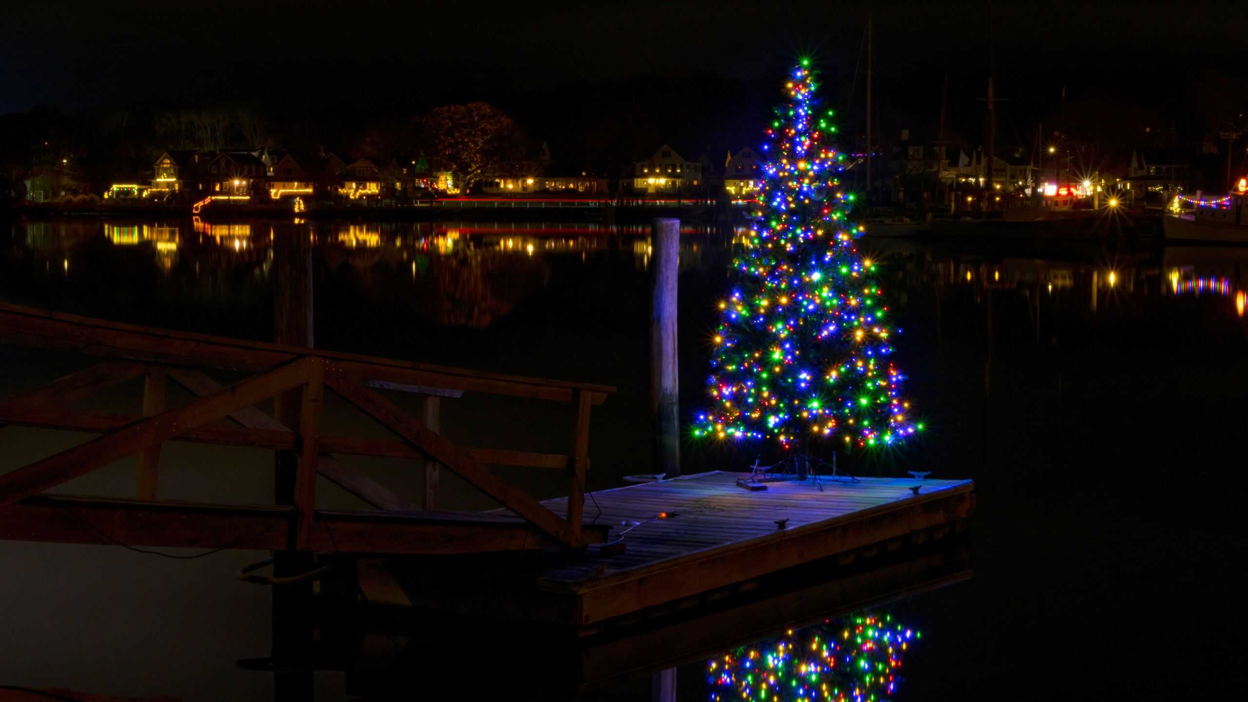 A Christmas tree decorated with multicolored lights stands on a dock by the water at night, with houses and lights visible in the background.