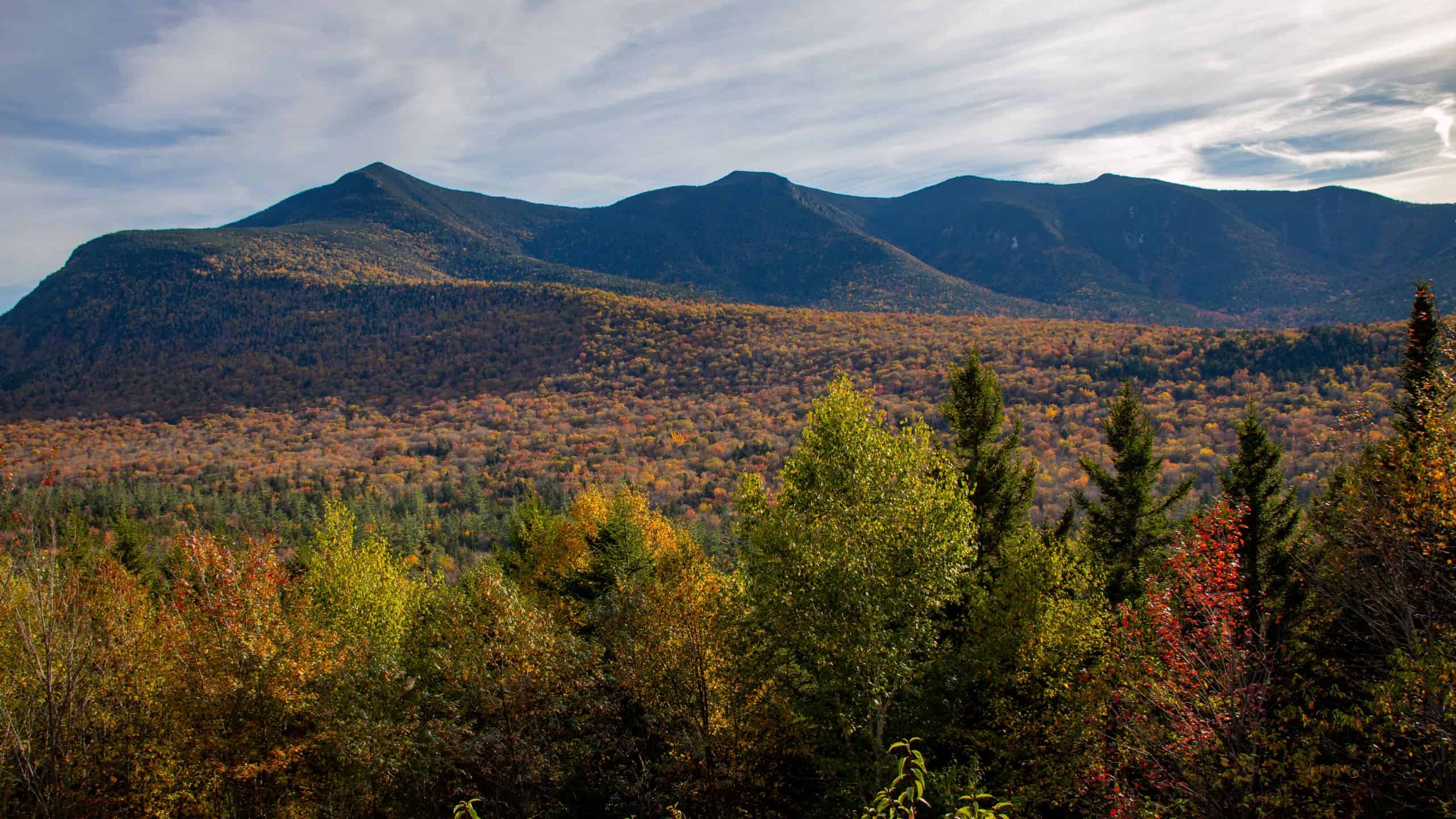 Mountain range with a forest of autumn-colored trees under a partly cloudy sky.