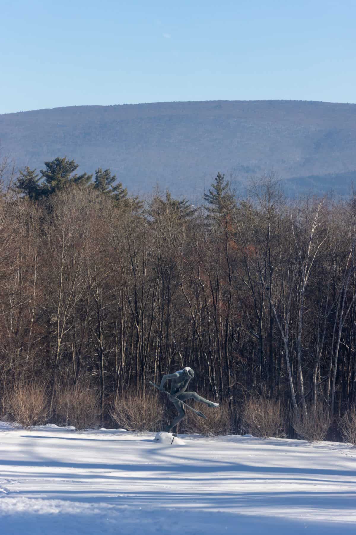 A metal sculpture stands in a snowy field in front of leafless trees, with a forested mountain in the background under a clear blue sky.