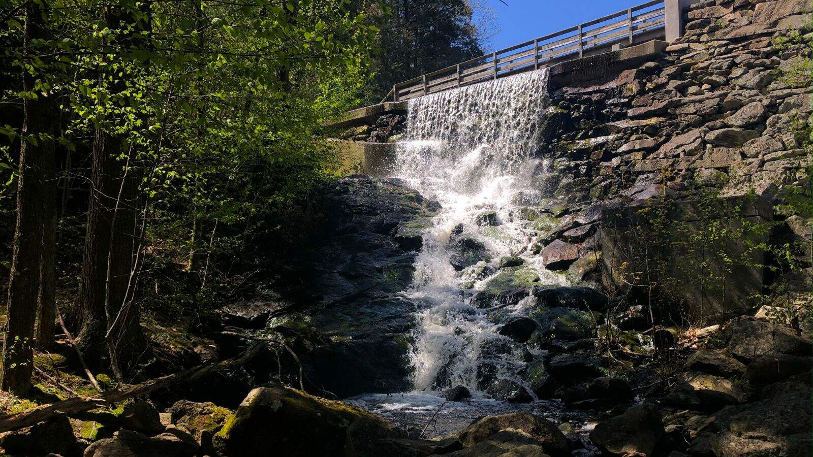 A small waterfall flows over a man-made stone and concrete wall beneath a bridge, surrounded by rocks and green trees.