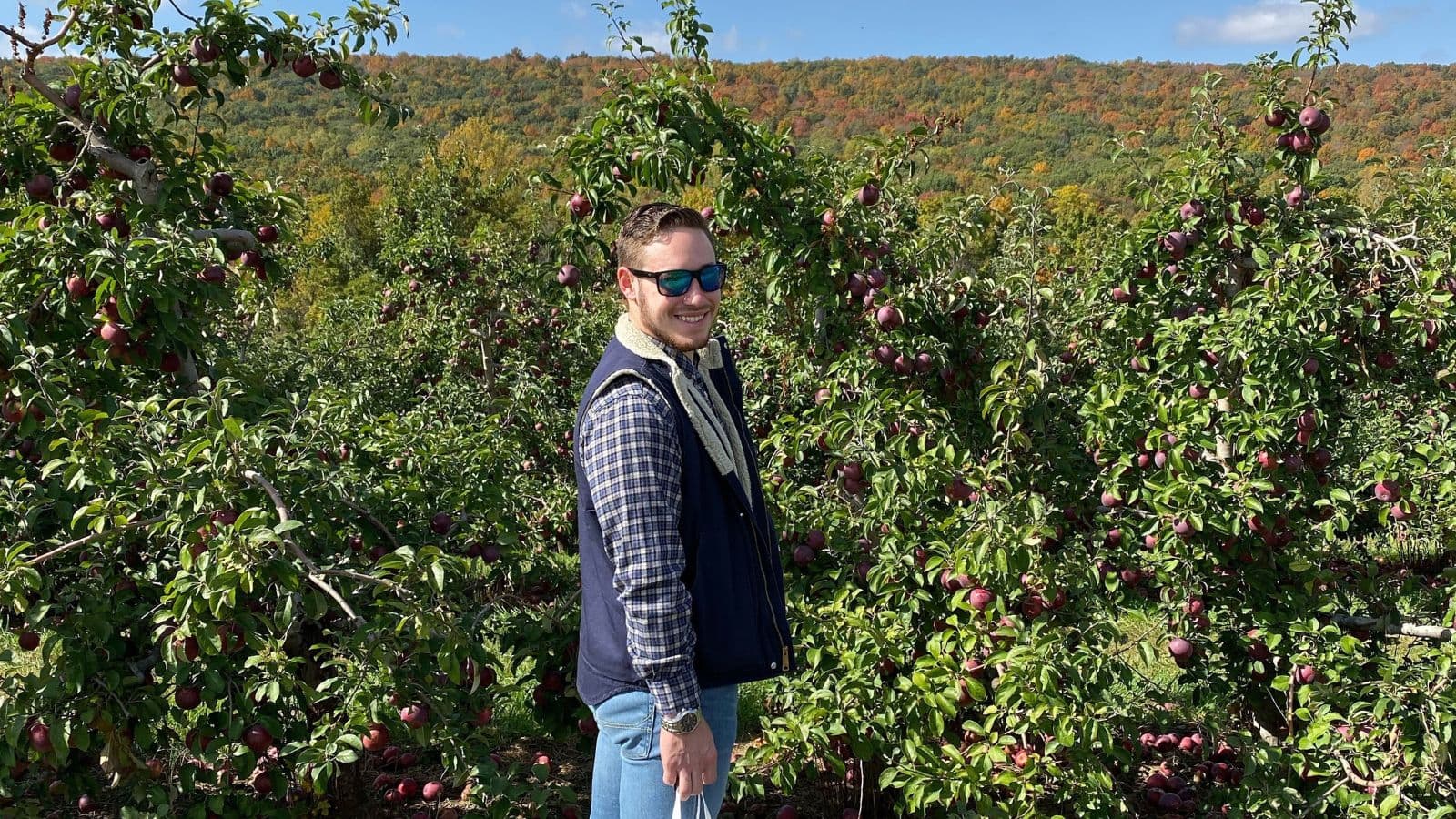 A man wearing sunglasses and a plaid shirt stands in an apple orchard, surrounded by trees full of ripe apples, with a wooded hillside in the background.