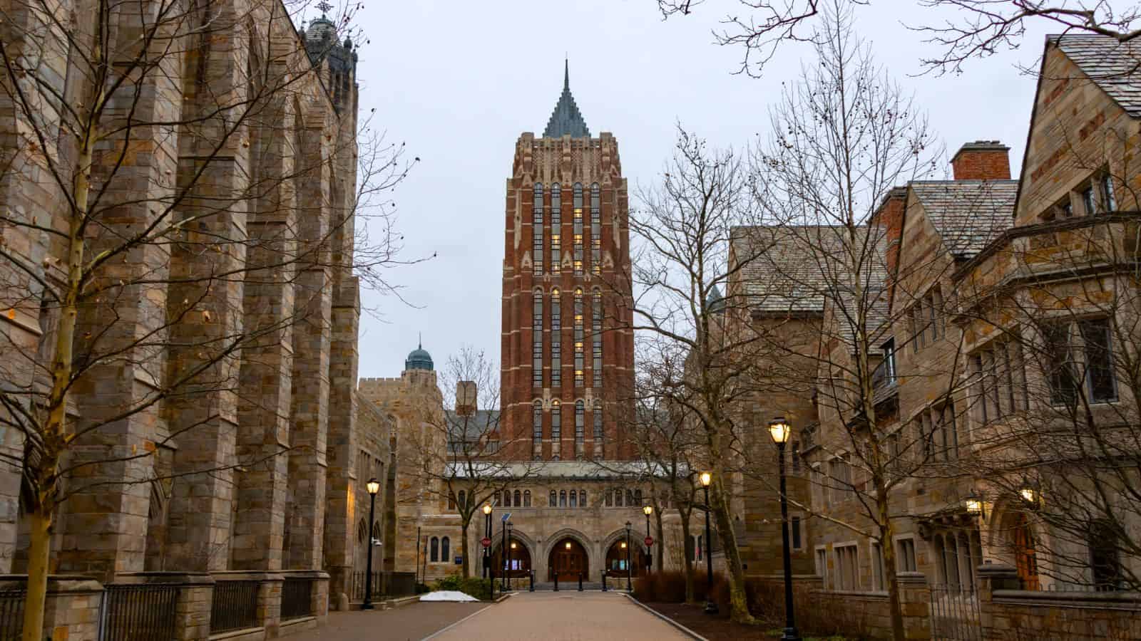 A tall, red-brick and stone building with a pointed roof stands at the end of a walkway, flanked by historic stone buildings and leafless trees on a cloudy day.