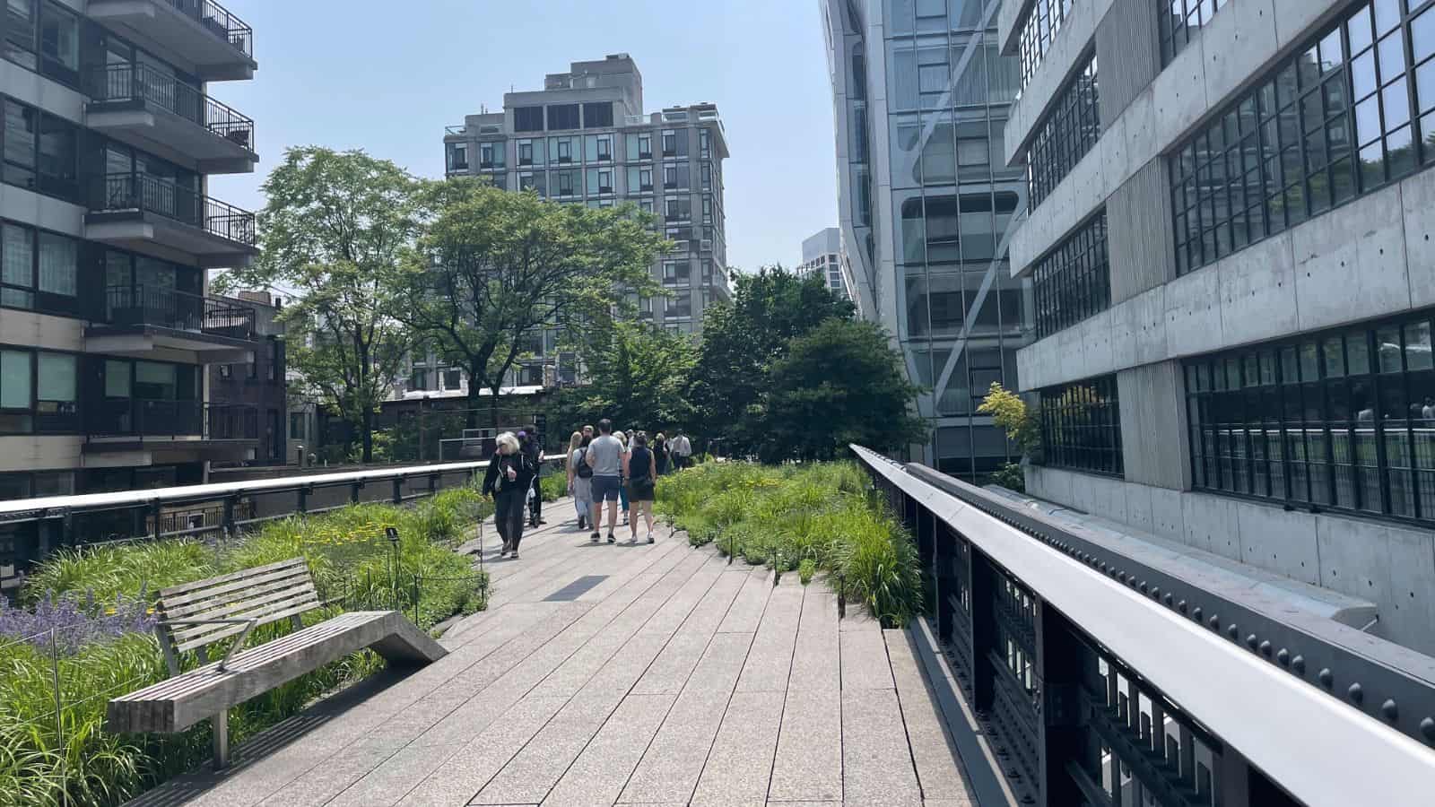A group of people walk along an elevated urban park path lined with greenery, flanked by modern buildings on a sunny day.