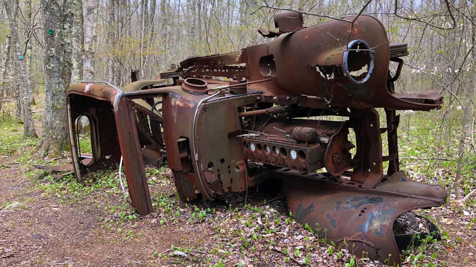 A heavily rusted and partially disassembled vehicle lies abandoned on the forest floor, surrounded by trees and sparse vegetation.