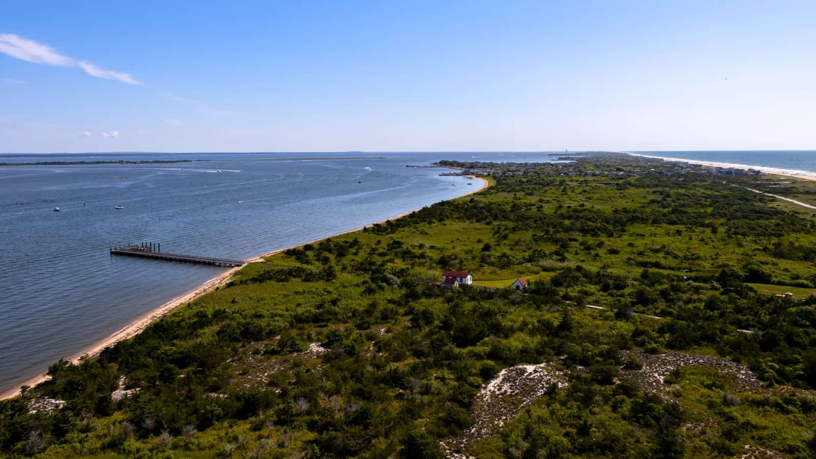 Aerial view of a green coastline with a narrow sandy beach, a long pier extending into the water, and scattered boats in the bay under a clear blue sky.