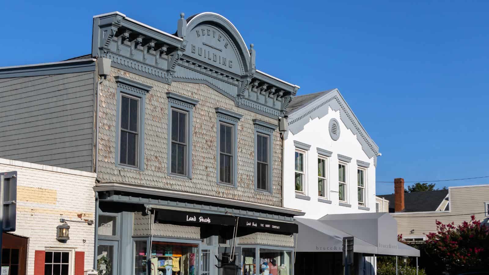 Two historic commercial buildings on a sunny day, featuring decorative facades and large windows; one gray with "Meyer’s Building" on top, the other white.