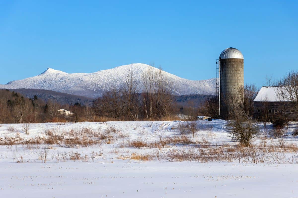 A snow-covered field with a silo and barn in the foreground, bare trees, and a mountain range in the background under a clear blue sky.