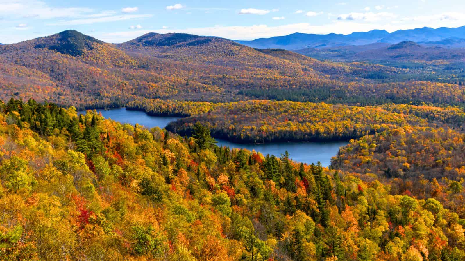 Aerial view of a forest with autumn foliage surrounding a lake, with mountains in the background under a partly cloudy sky.