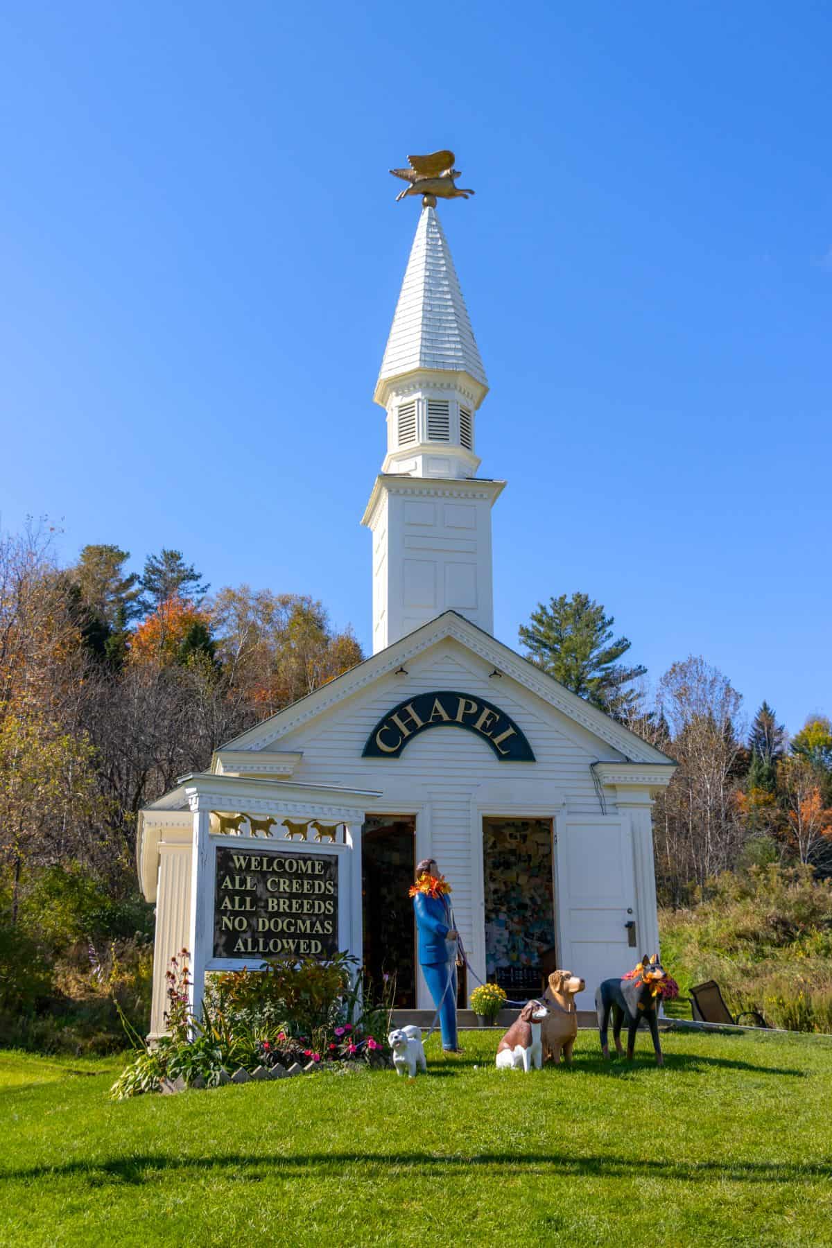 A small white chapel with a steeple and eagle weather vane stands on grass; animal statues and a sign reading "All breeds, all creeds, no dogmas allowed" are in front.