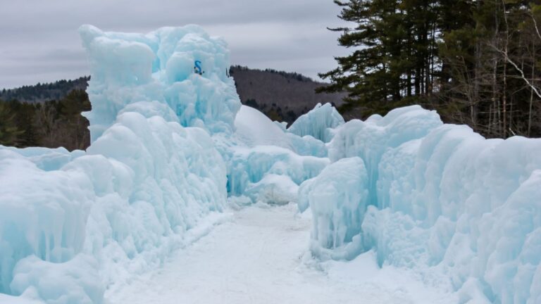 A winter path lined with thick, sculpted blue ice formations, surrounded by trees and distant hills under a cloudy sky.