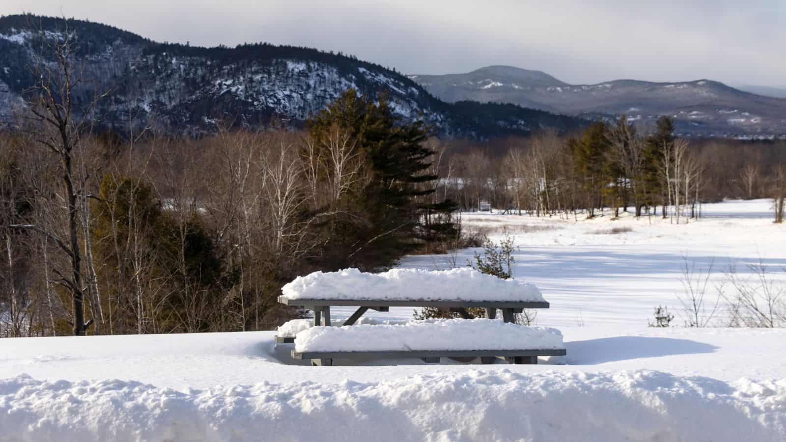 A snow-covered picnic table sits in a field with bare trees and distant mountains under a cloudy winter sky.
