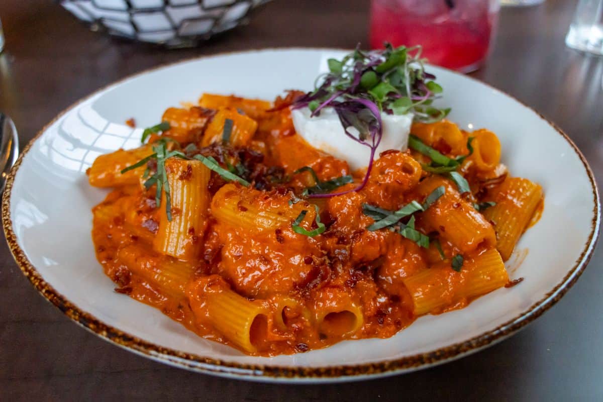 A plate of rigatoni pasta in a creamy tomato sauce, topped with fresh basil, microgreens, and a dollop of cheese.
