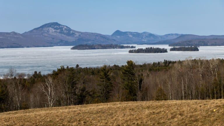 A frozen lake with several tree-covered islands, bordered by forest and rolling hills, with mountains in the background under a clear sky.