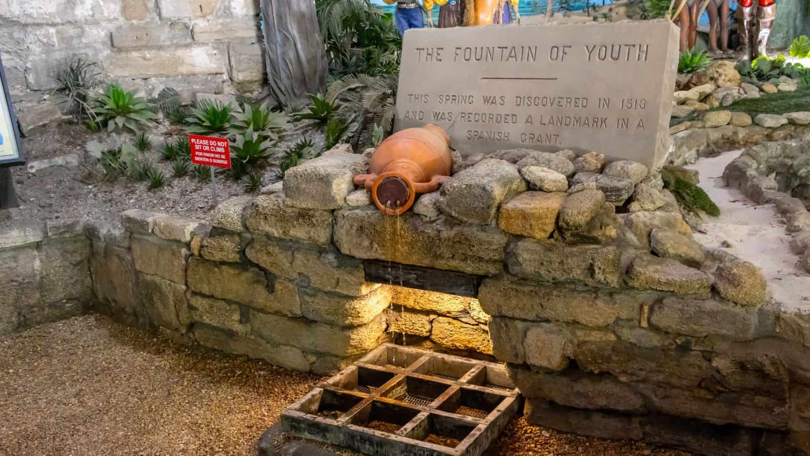 A stone fountain labeled "The Fountain of Youth" features a clay jug with water flowing into a grate, surrounded by rocks and greenery.
