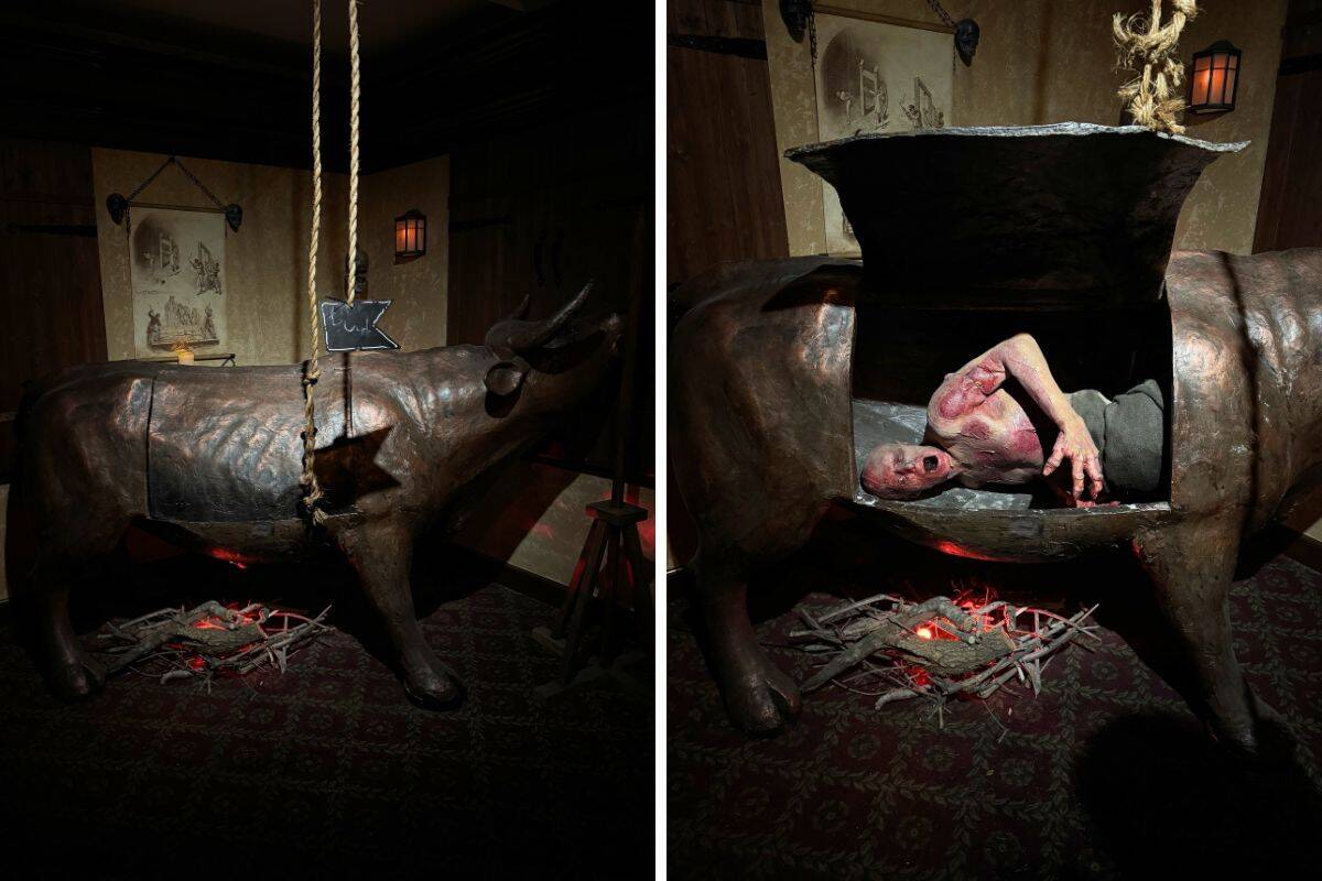 A two-panel image shows a large metal bull with a side door; the right panel reveals a figure inside, simulating a medieval torture device.
