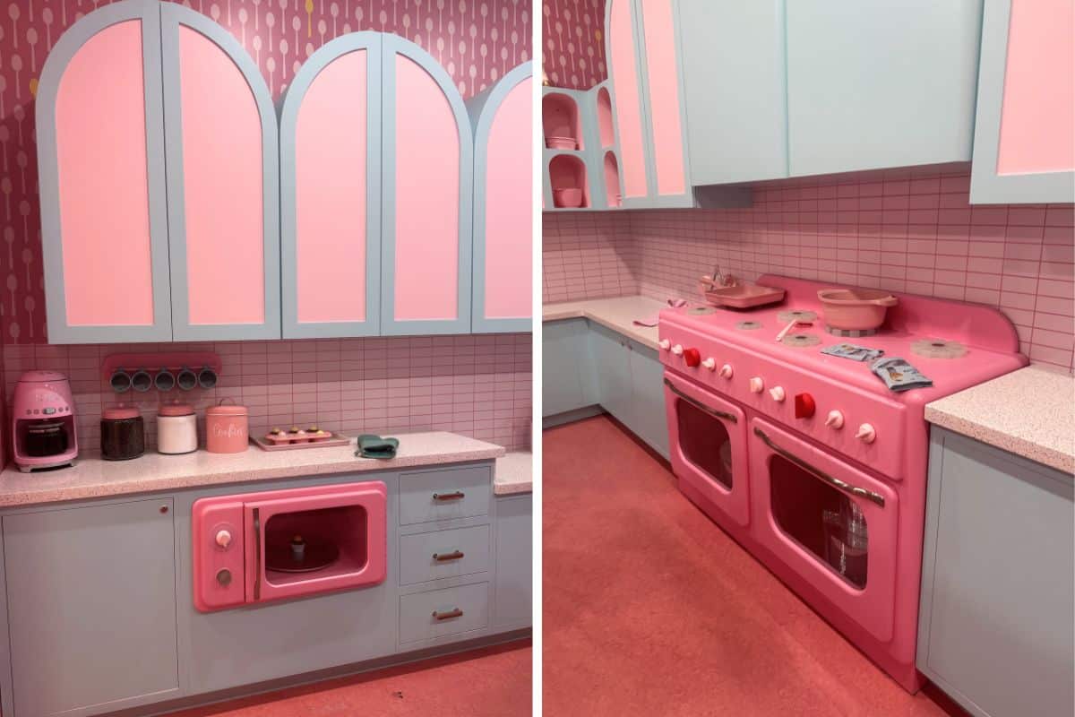 A retro-style kitchen with pastel pink and blue cabinets, pink appliances, and a white countertop, shown from two angles.