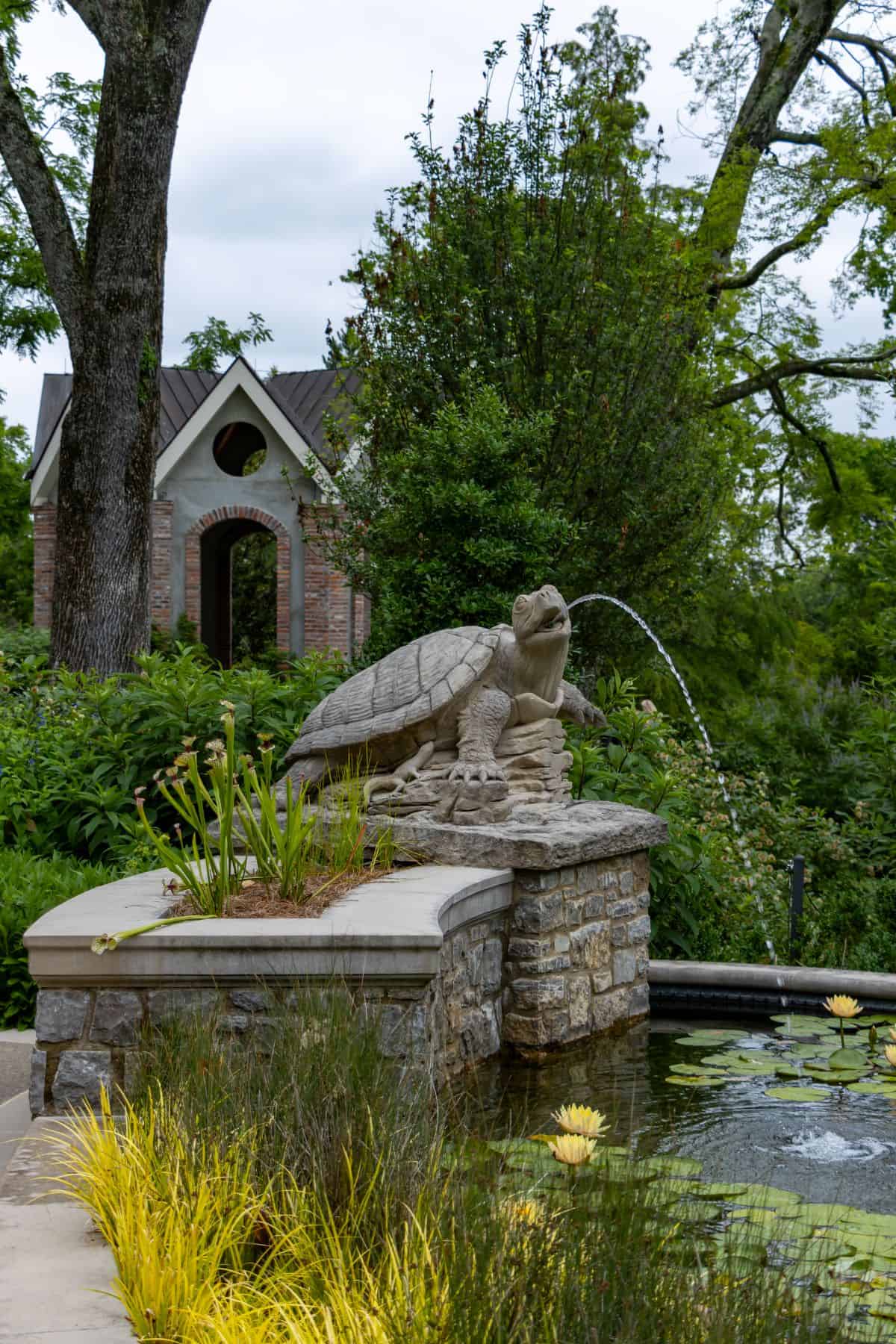 A stone turtle sculpture spouts water into a pond with lily pads, set in a garden with greenery and a small brick building in the background.
