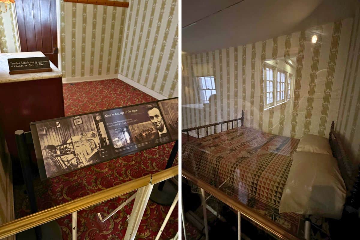 Two photos show a historic bedroom exhibit: one displays an informational sign describing Abraham Lincoln's death; the other shows a simple bed behind a barrier in a room with patterned wallpaper.