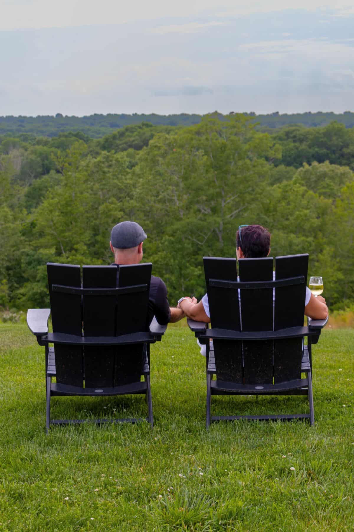 Two people sit side by side in black Adirondack chairs on a grassy lawn, facing a scenic view of trees and hills, holding hands. One person holds a glass of white wine.