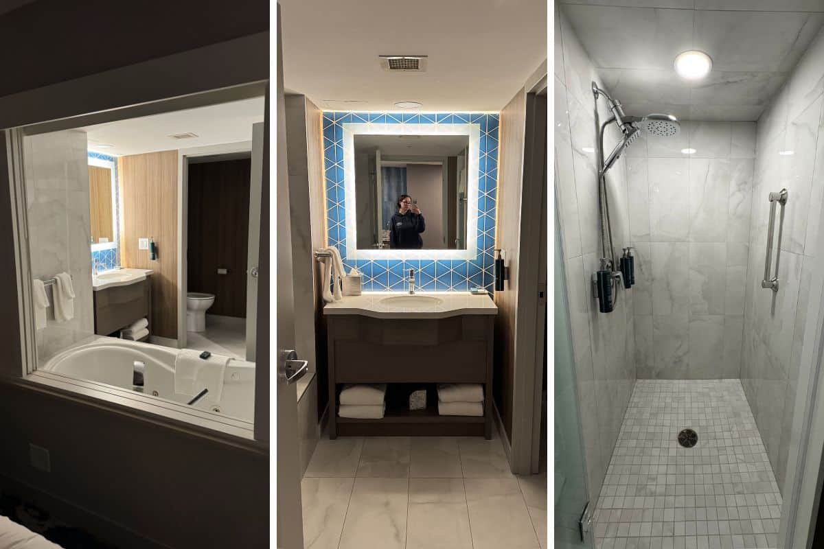 Three photos show a hotel bathroom: a view of the bathtub and toilet, a sink with a backlit mirror, and a walk-in shower with wall-mounted dispensers.