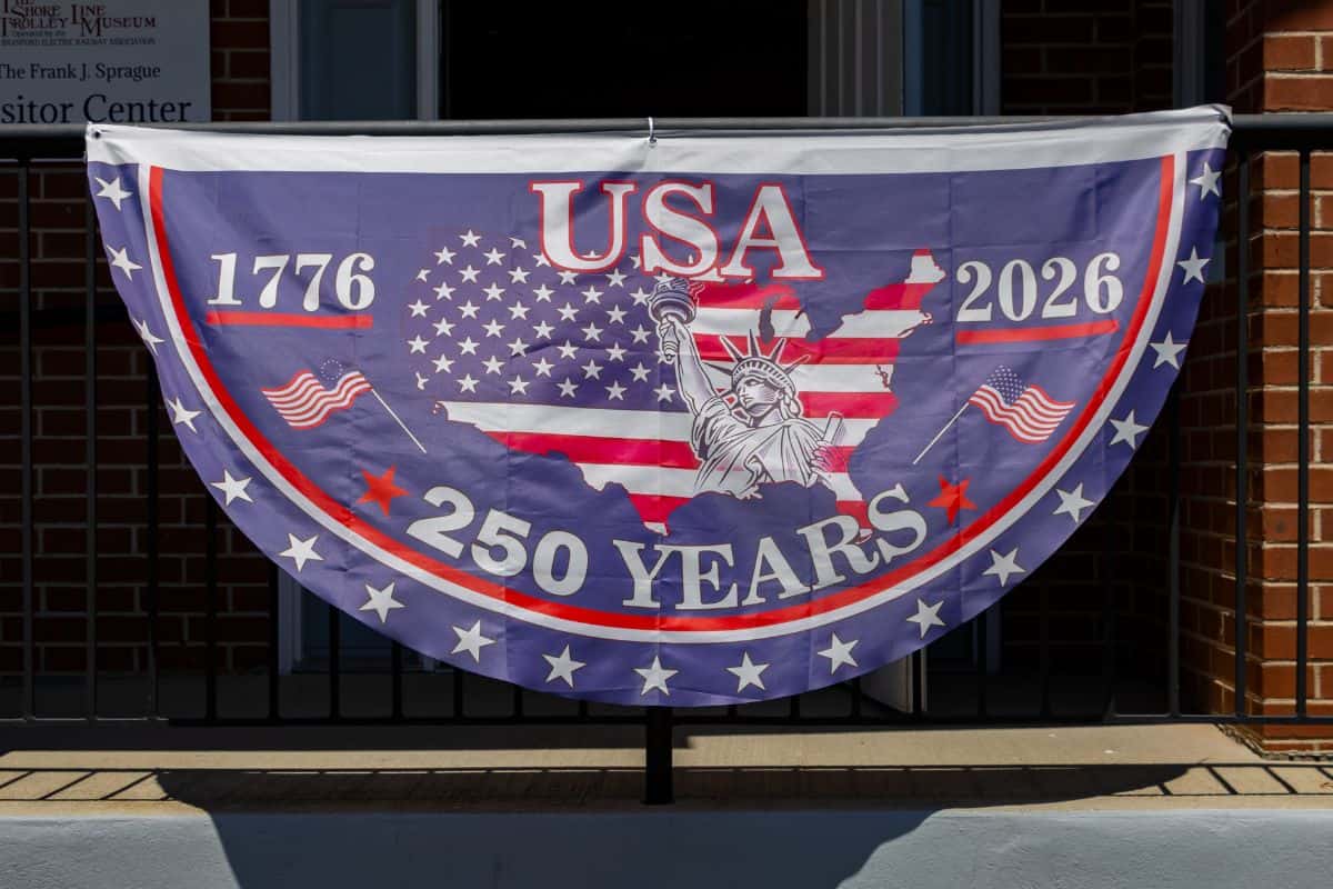 A banner reads "USA 1776-2026 250 Years" with stars, the Statue of Liberty, and a map of the United States, marking the 250th anniversary of American independence.