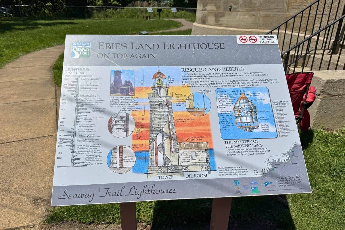 Informational sign about Erie's Land Lighthouse, detailing its history, structure, rescue and rebuild efforts, and featuring diagrams and a map.