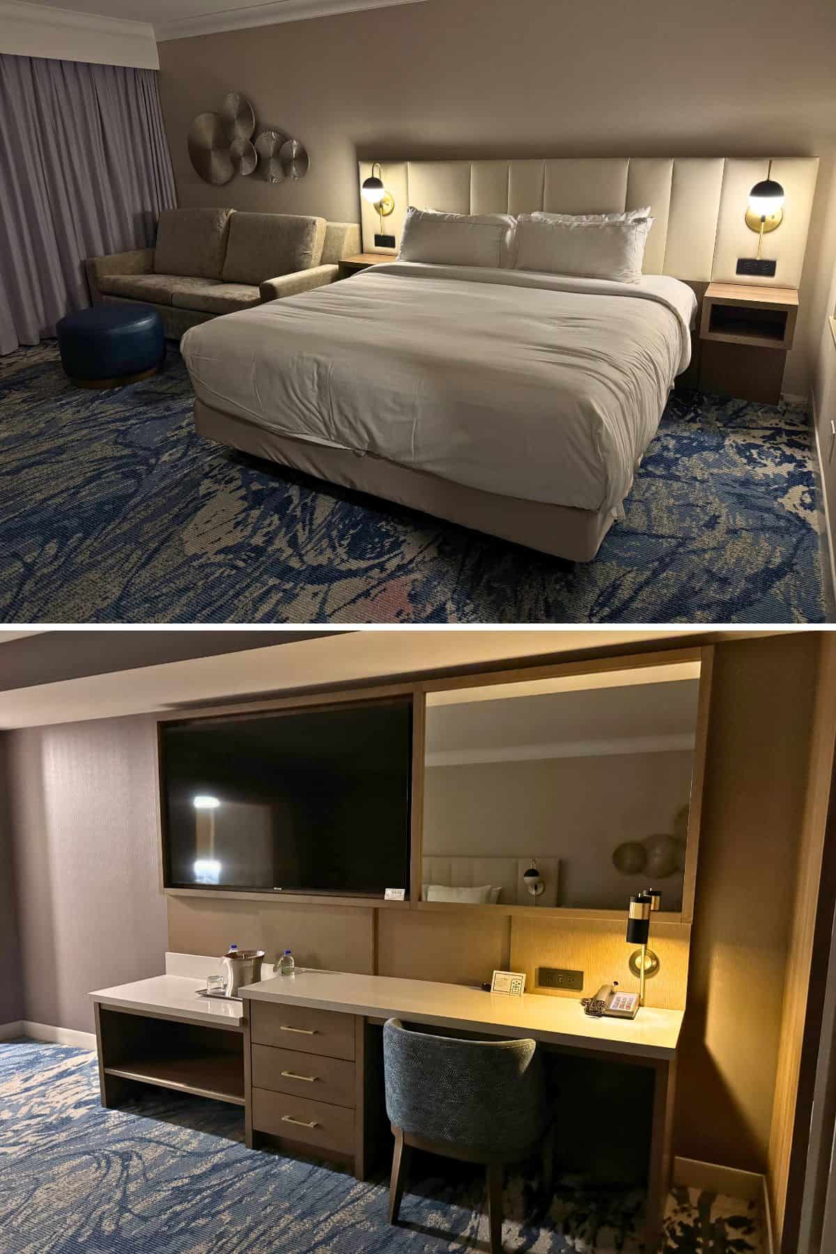 A hotel room with a neatly made bed, sofa, and modern lamps; a separate view shows a desk with a chair, mirror, TV, and coffee setup.