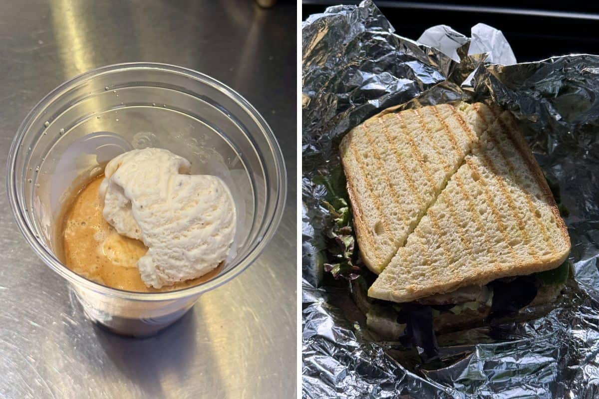 Left: A clear cup with two scoops of vanilla ice cream in coffee. Right: A panini sandwich with grill marks on foil.