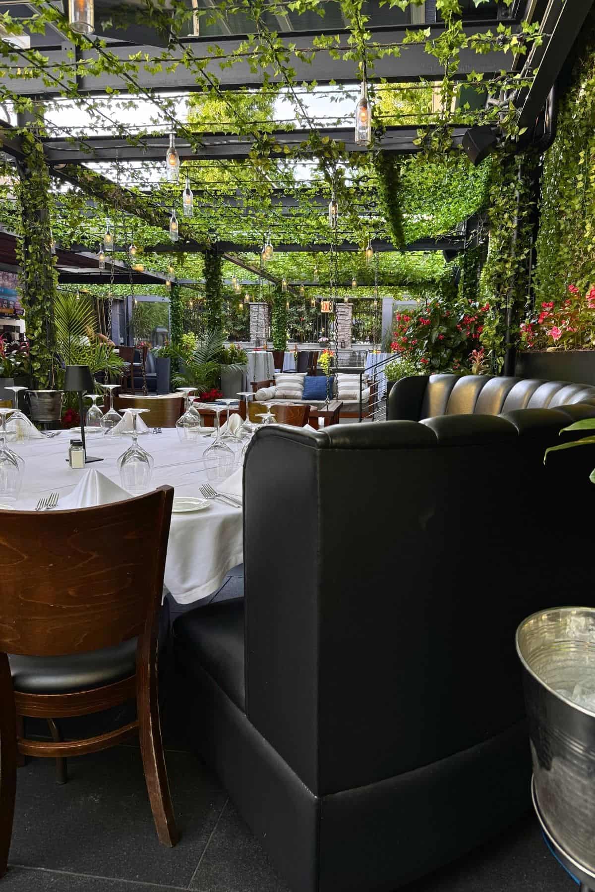 A restaurant patio with black leather booths, wooden chairs, white tablecloths, hanging lights, and lush green vines covering the ceiling and walls.