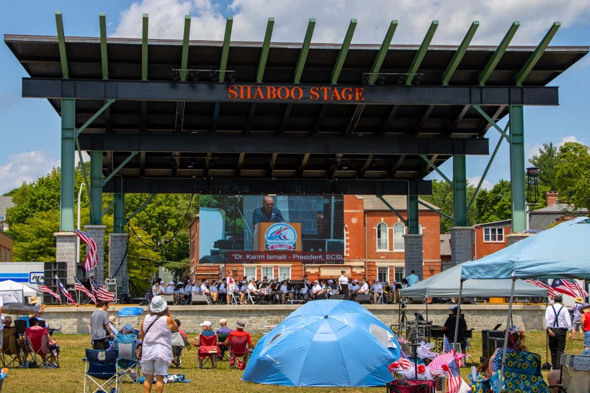 Outdoor event at Shaboo Stage with people seated under umbrellas and tents, watching a performance and a large screen displaying "Dr. Karim Ismail – President, ECSU.