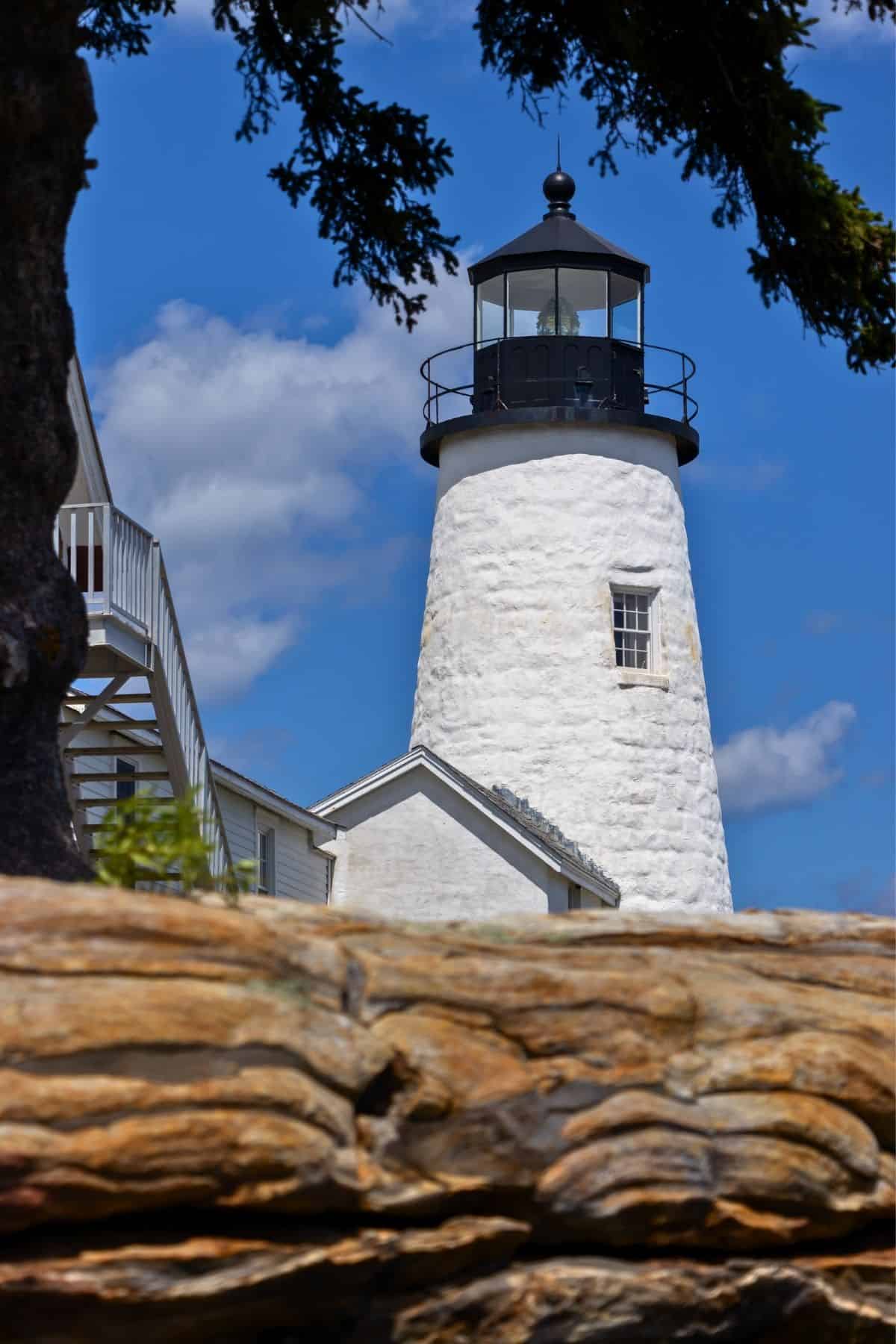 White lighthouse with black lantern room stands behind rock and tree branches under a blue sky with scattered clouds.